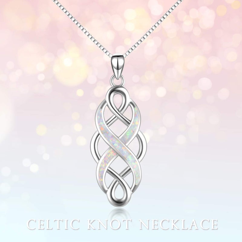 YFN Irish Celtic Knot Created Opal Pendant Necklace Infinity Love Sterling Silver CZ Jewelry 18" (White Opal Celtic Knot Necklace) - Image 2